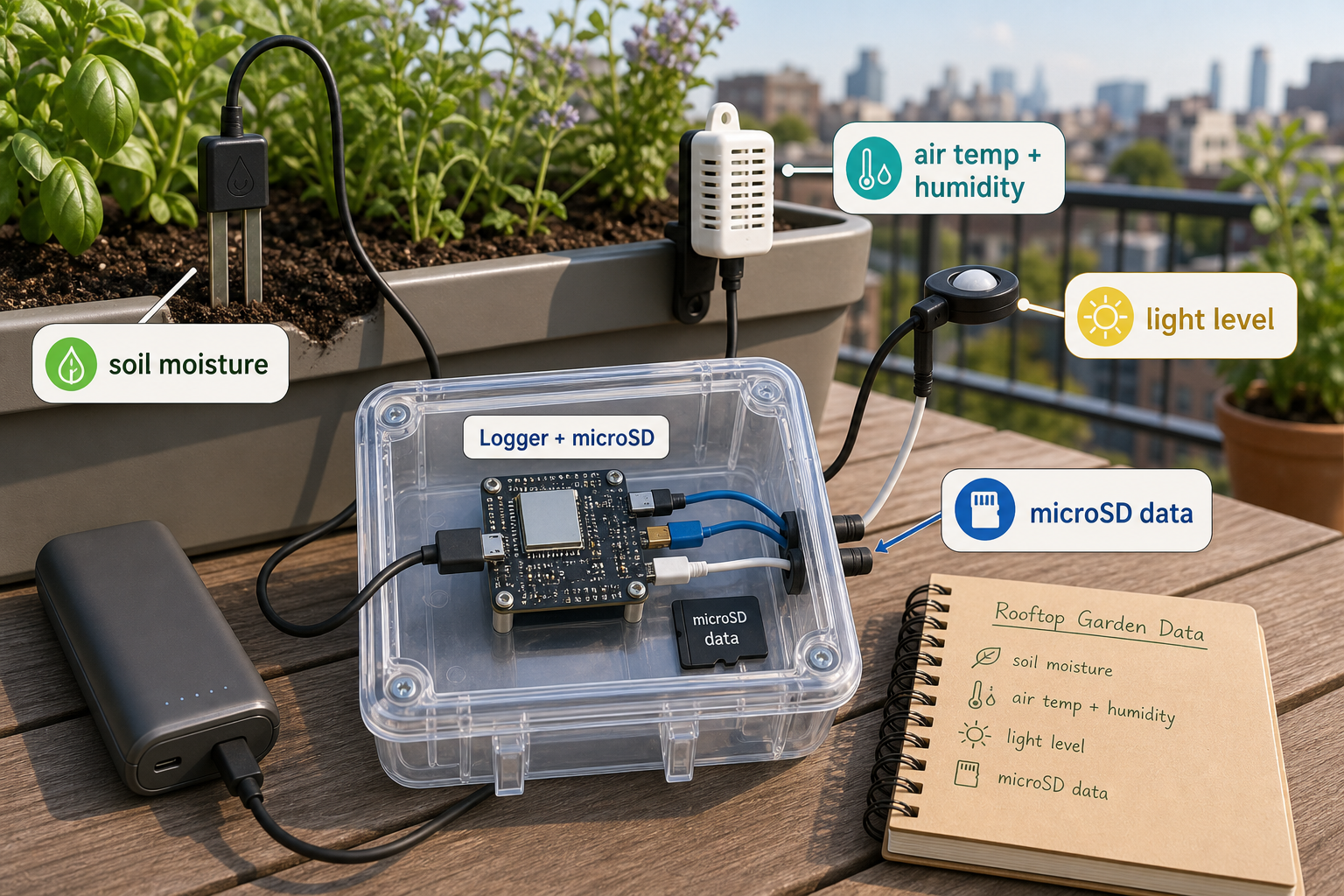 Portable rooftop garden data logger beside a planter with soil, air, light, and microSD labels.